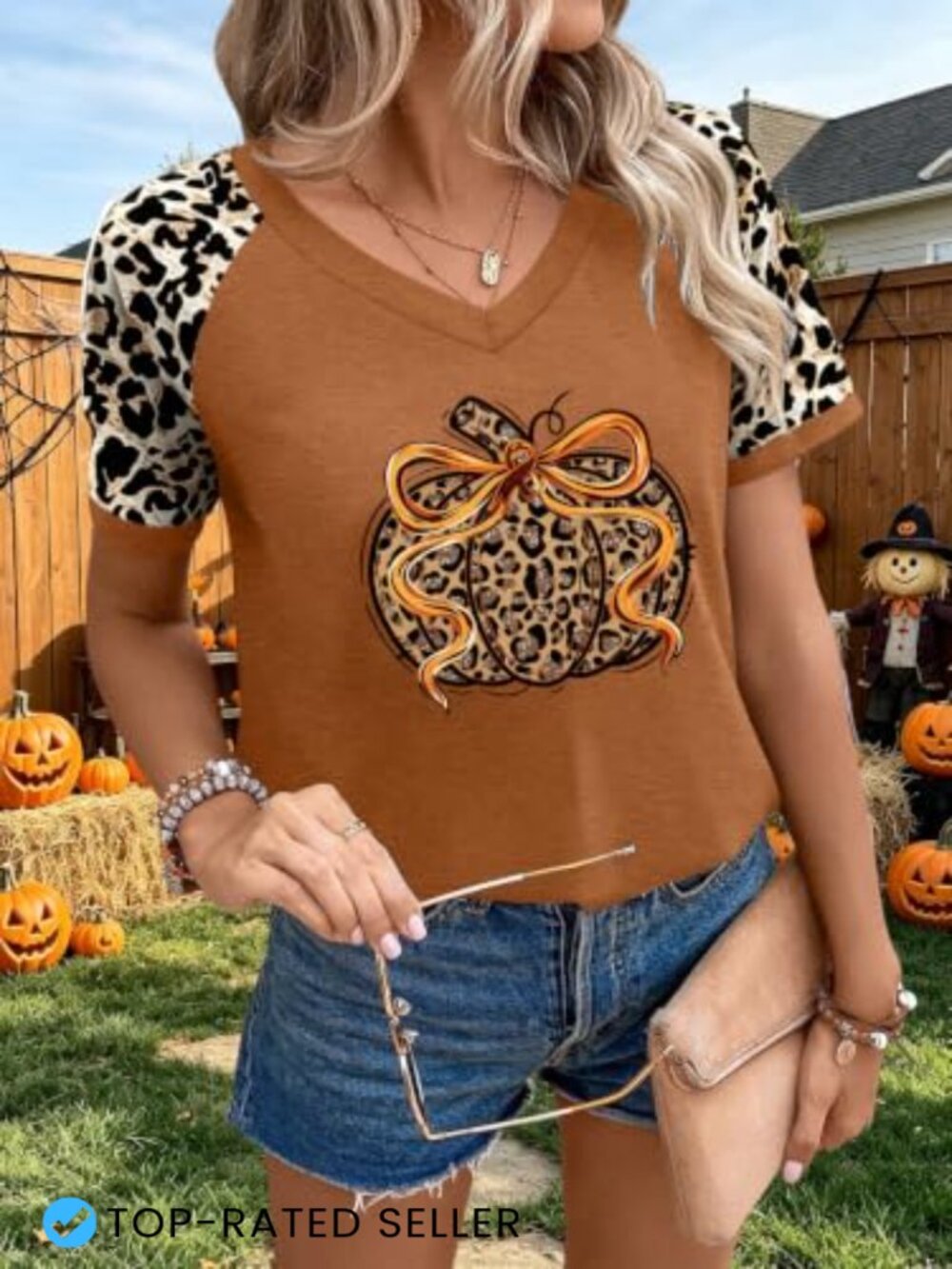 Women's Halloween Ghost Pumpkin V-Neck Leopard Plaid Raglan T-Shirt - Picture 2 of 6